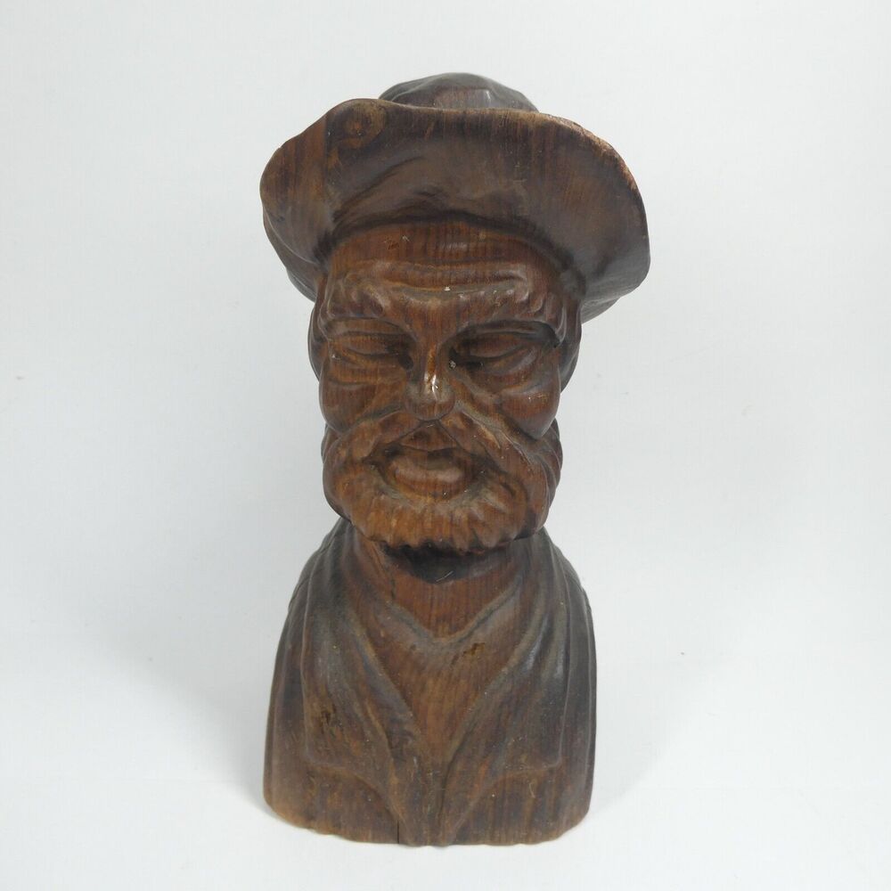 Hand Carved Wooden Bust Bearded Man with Hat Vintage